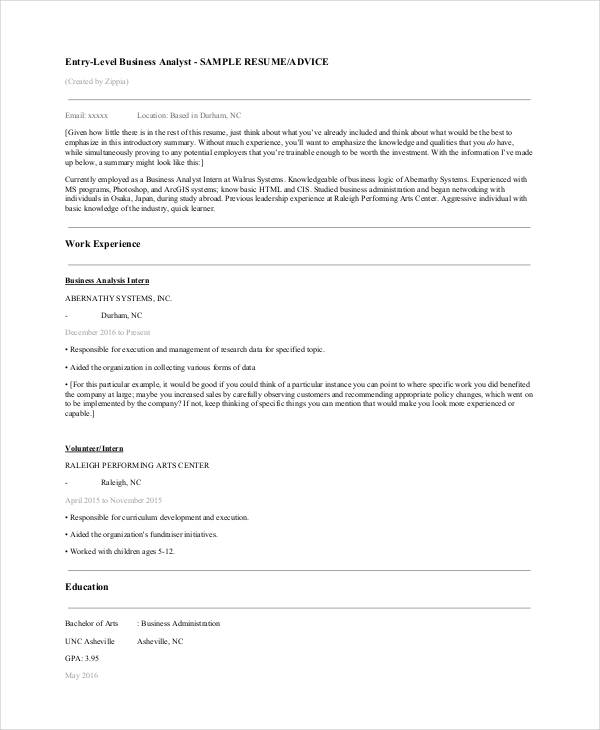 entry level business analyst resume