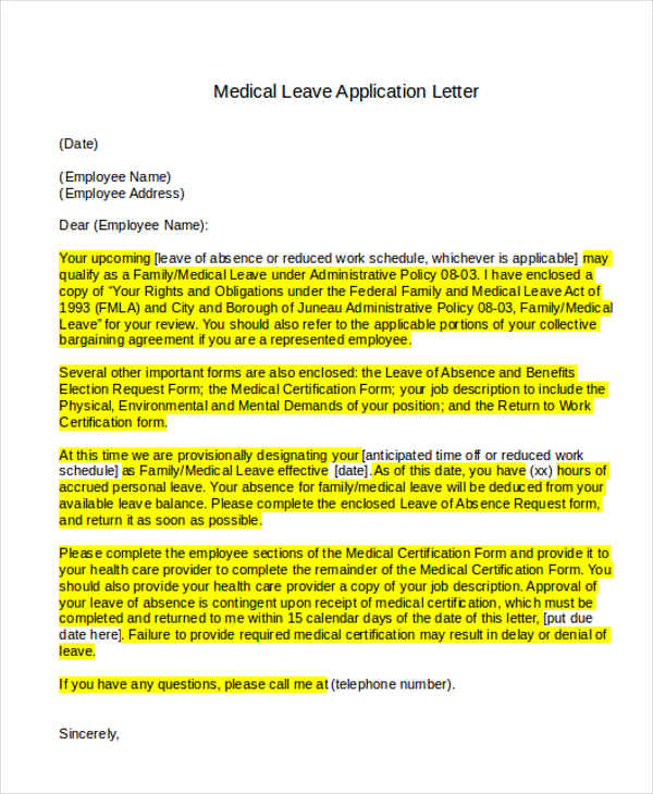 medical leave application letter
