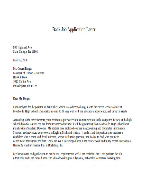 how to write application letter for banking job