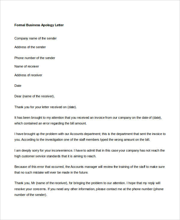 formal business apology letter