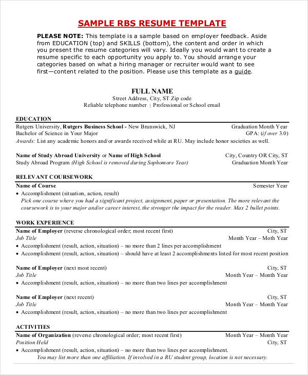 sample business school resume