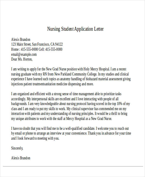 nursing student application letter