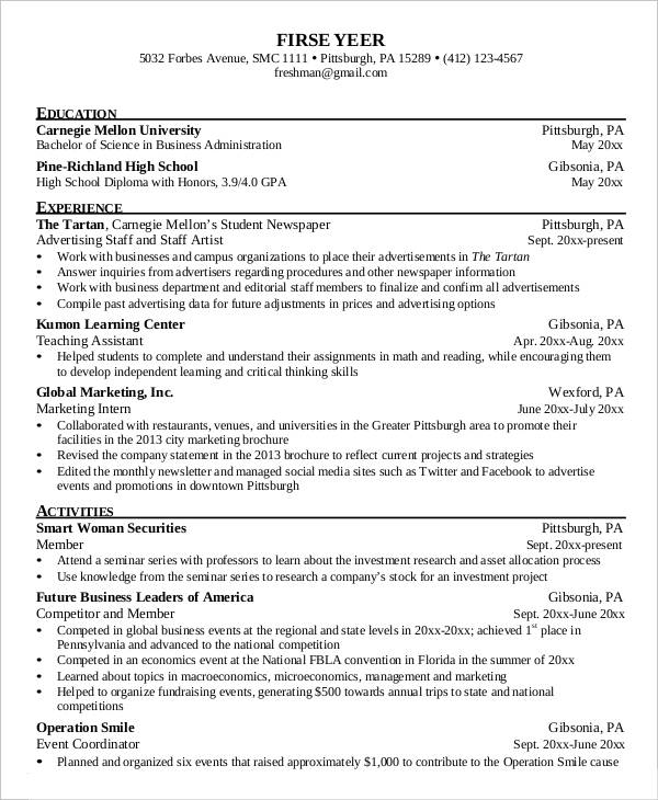 tepper school of business undergraduate sample resume