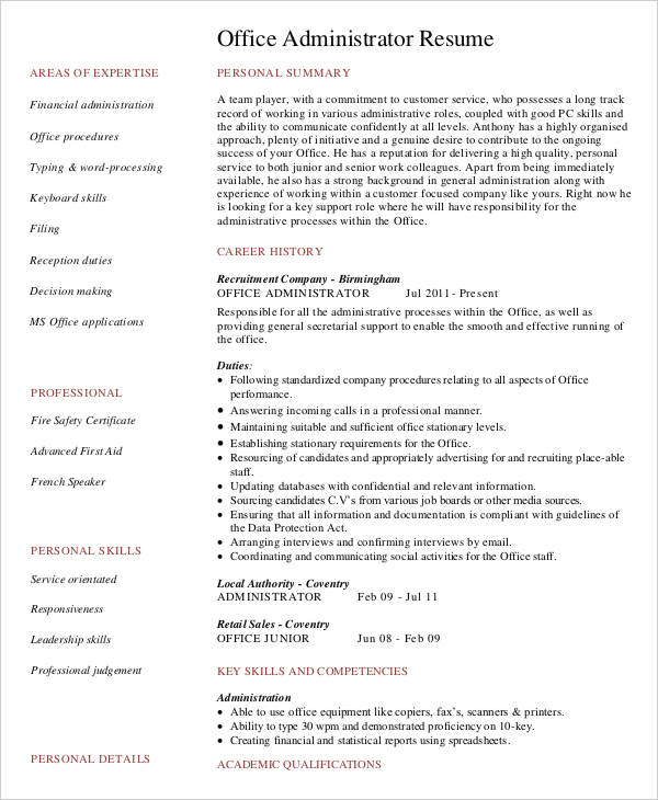 business office administration resume
