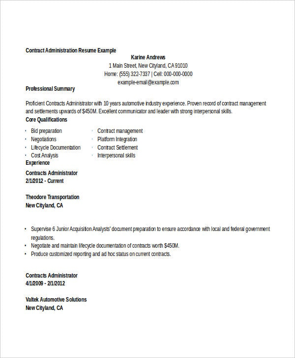 contract administration resume example
