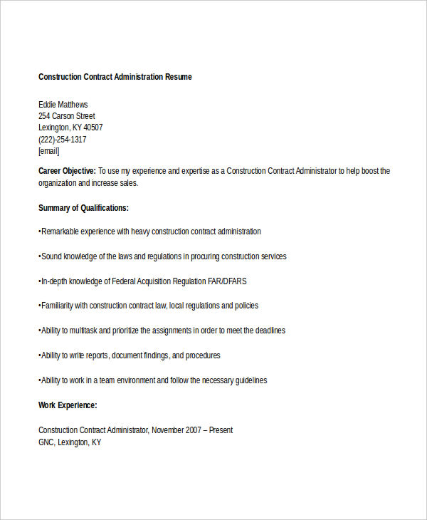 construction contract administration resume