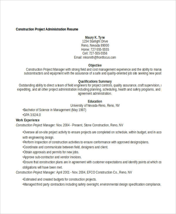 construction project administration resume