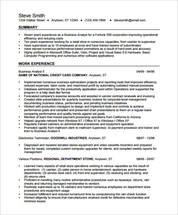 business analyst resume format