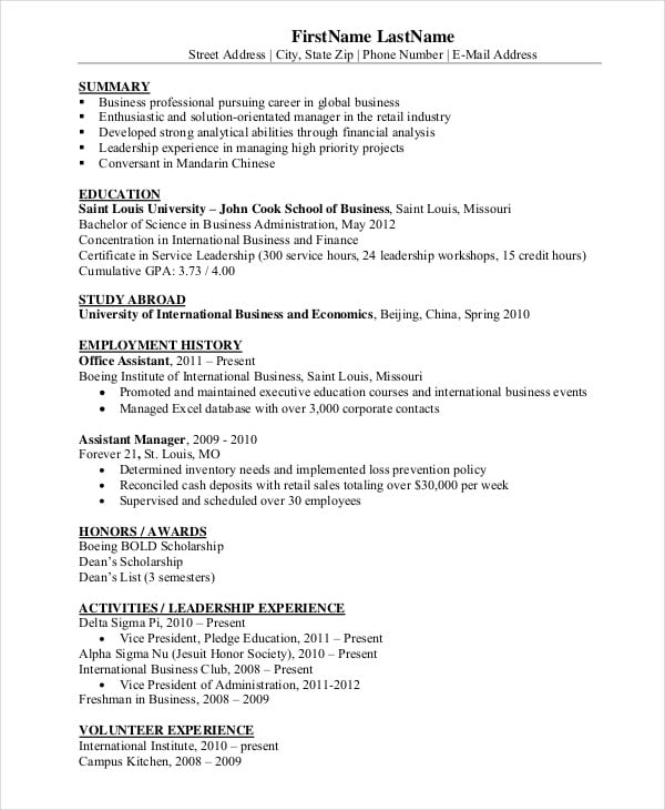 business resume sample pdf