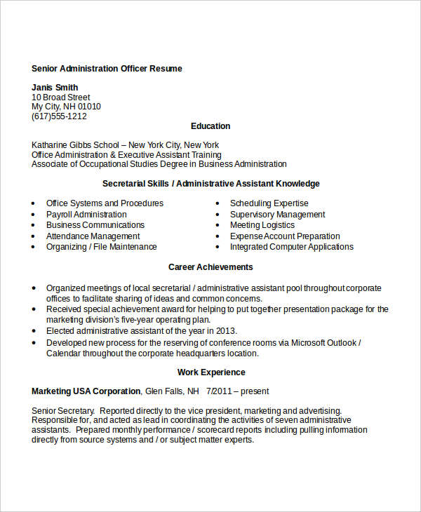 senior administration officer resume