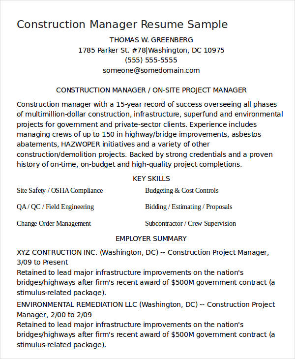 construction manager resume sample1
