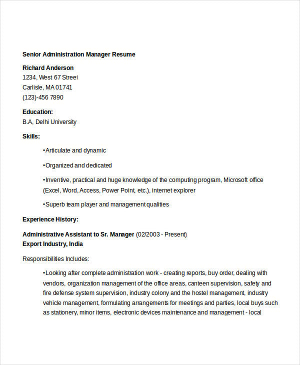 senior administration manager resume