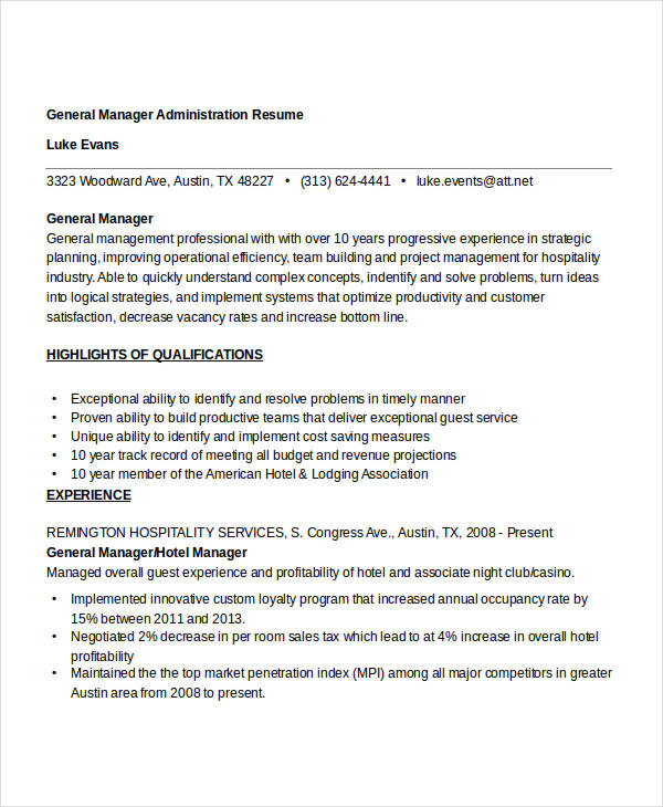 sample resume general manager administration