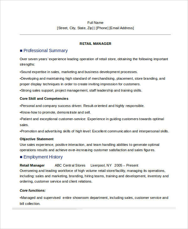 retail manager resume sample