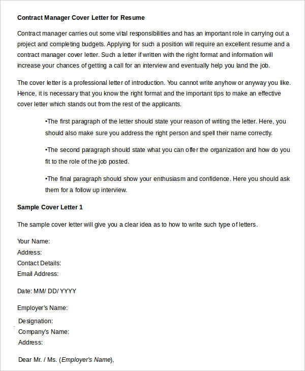 contract manager cover letter for resume
