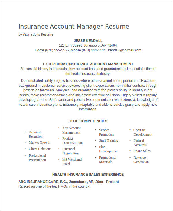 insurance account manager resume