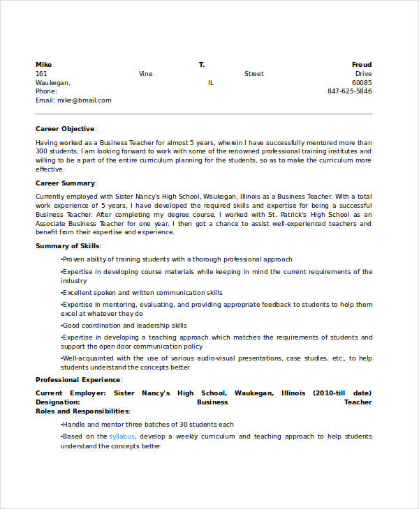 high school business education teacher resume