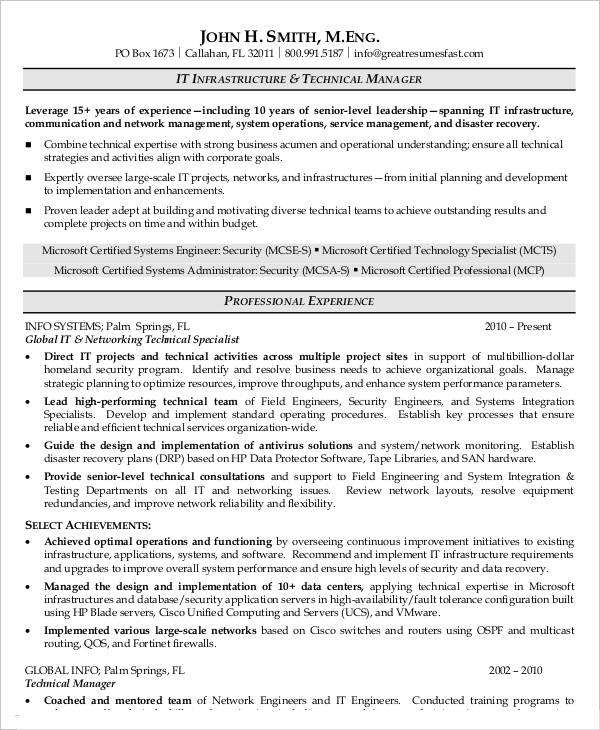 it infrastructure technical manager resume