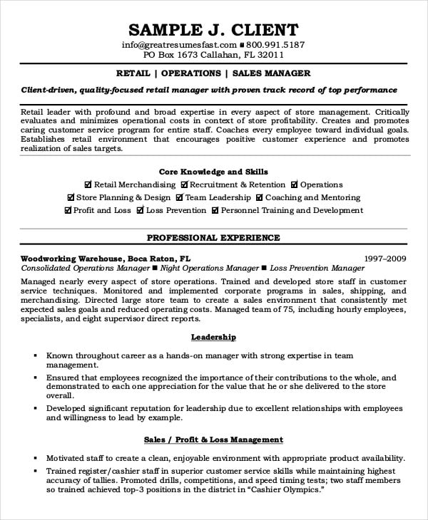 retail operations manager resume