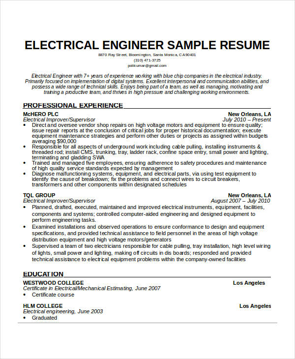 electrical engineering resume sample