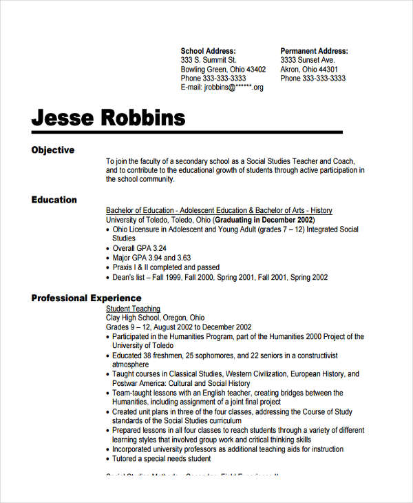 resume samples for young adults