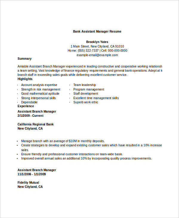 bank assistant manager resume