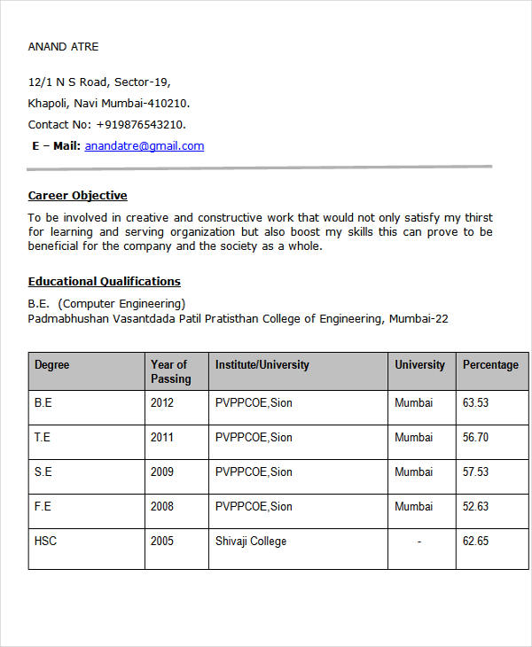 computer engineering resume format