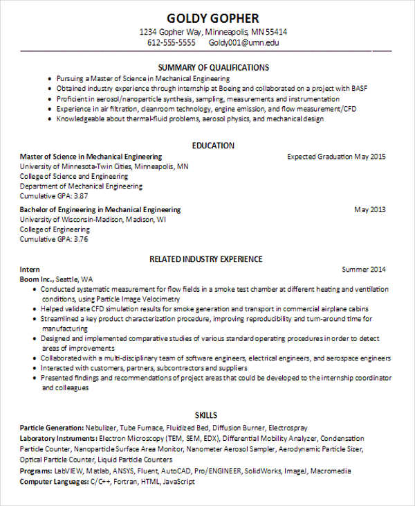 resume sample for engineering students