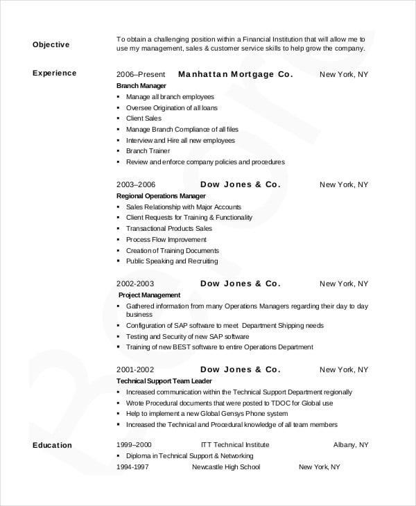 bank manager resume pdf