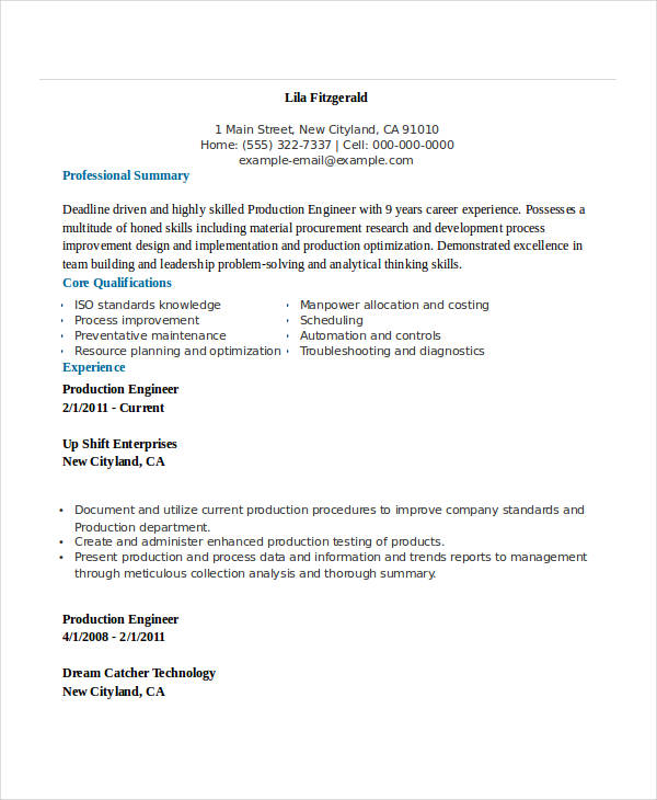 production engineering resume example