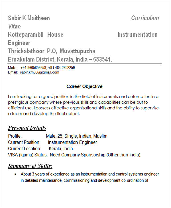 instrumentation engineering resume sample