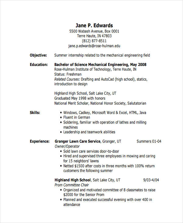 engineering student internship resume