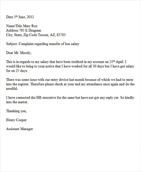 formal complaint letter to hr5