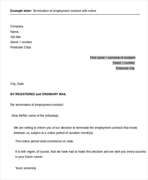 employment contract termination letter with notice