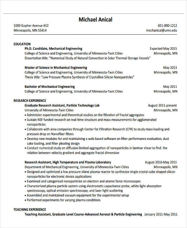 engineering graduate resume example