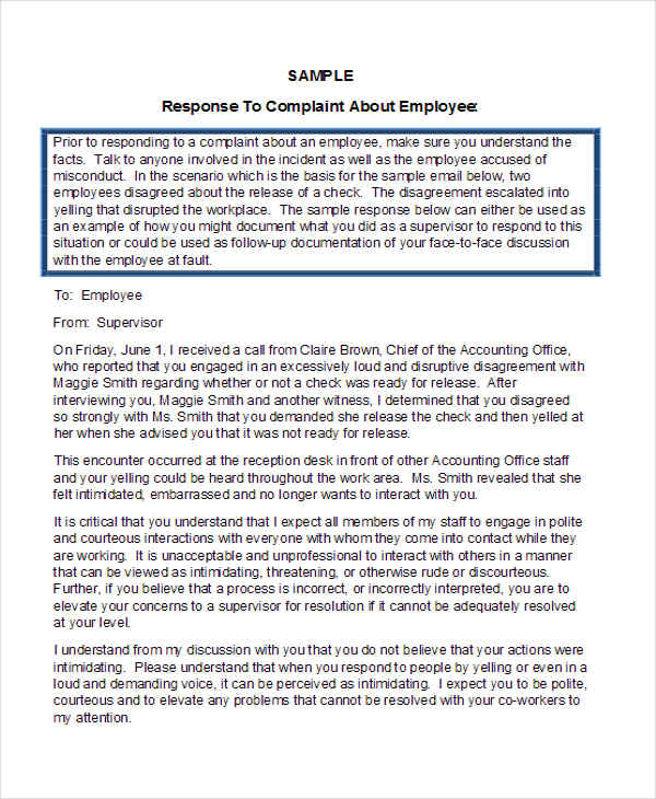 employee complaint response letter