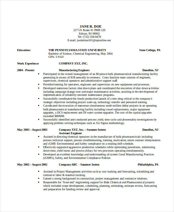 experienced chemical engineering resume