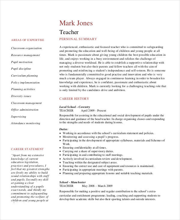 Teacher Resumes - 50+ Word, PDF Documents Download