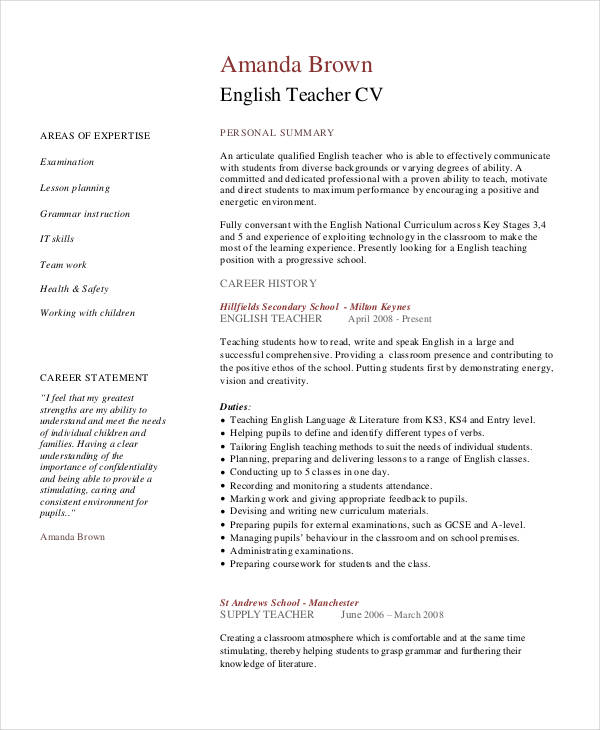 english teacher resume sample