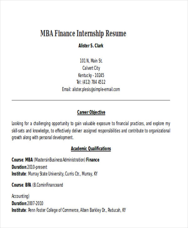 mba finance internship resume