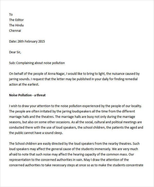 noise pollution complaint letter