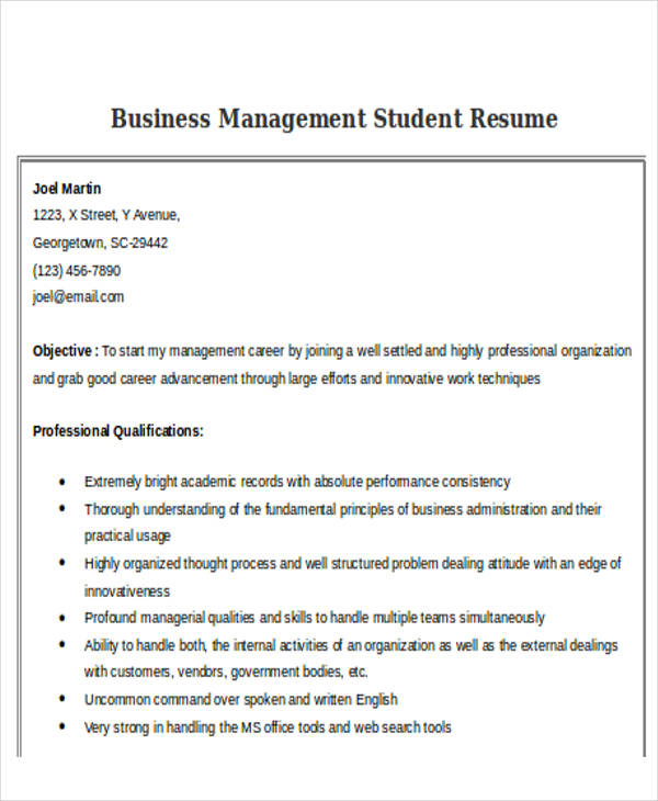 business management student resume