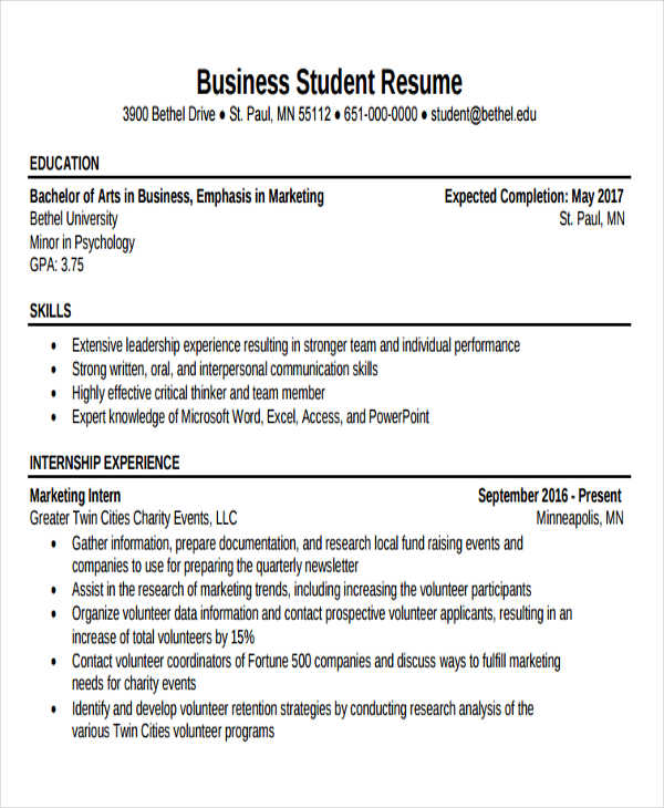 business student resume in pdf