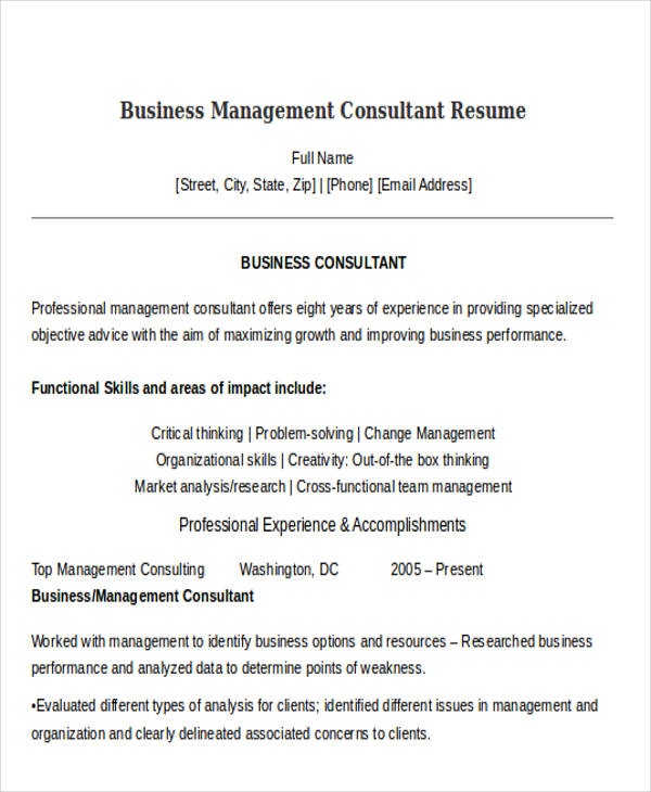 business management consultant resume