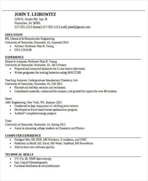 Phd chemistry resume