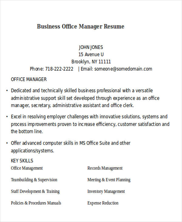 business office manager resume
