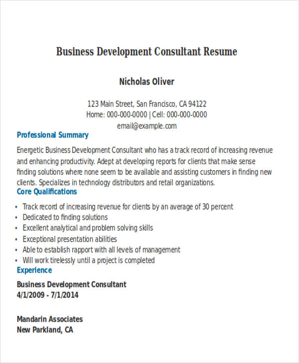 business development consultant resume