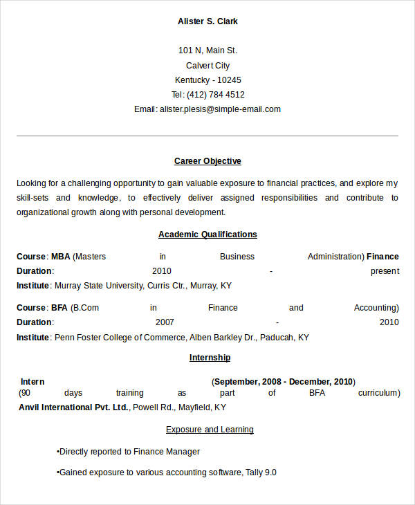 finance internship resume sample
