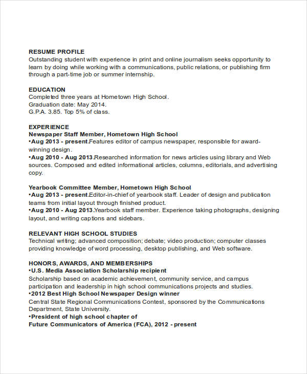 high school work resume example