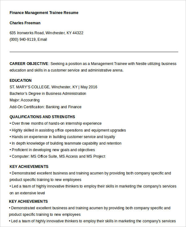 finance management trainee resume